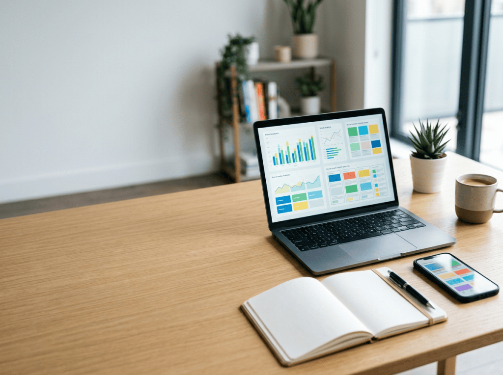Workspace materials arranged on right with left text space